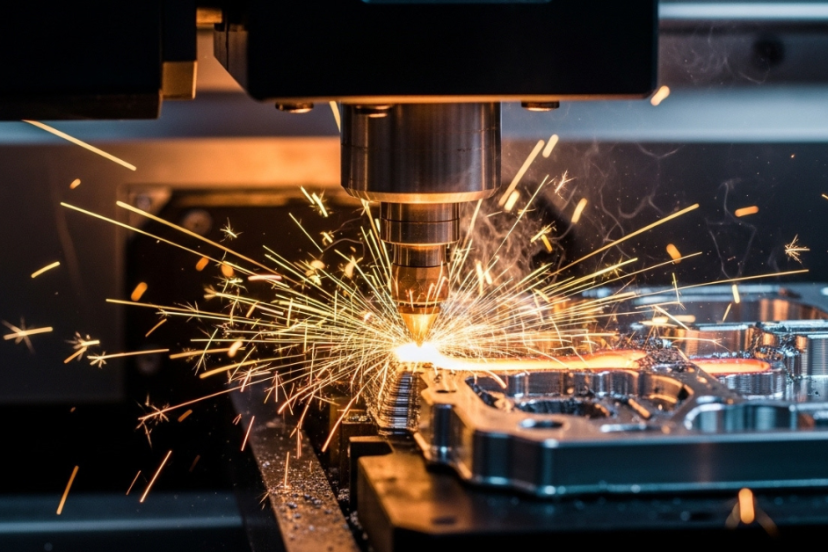 Metal part being printed layer-by-layer inside a high-end 3D metal printer with sparks and glowing lines symbolizing power and precision