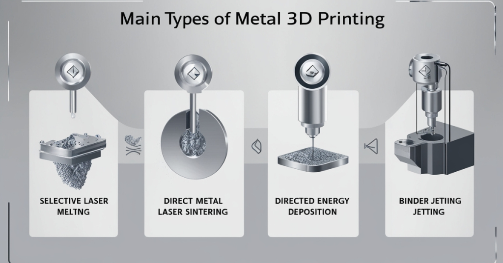 Infographic showing the four types of metal 3D printing technologies: SLM, DMLS, DED, and Binder Jetting