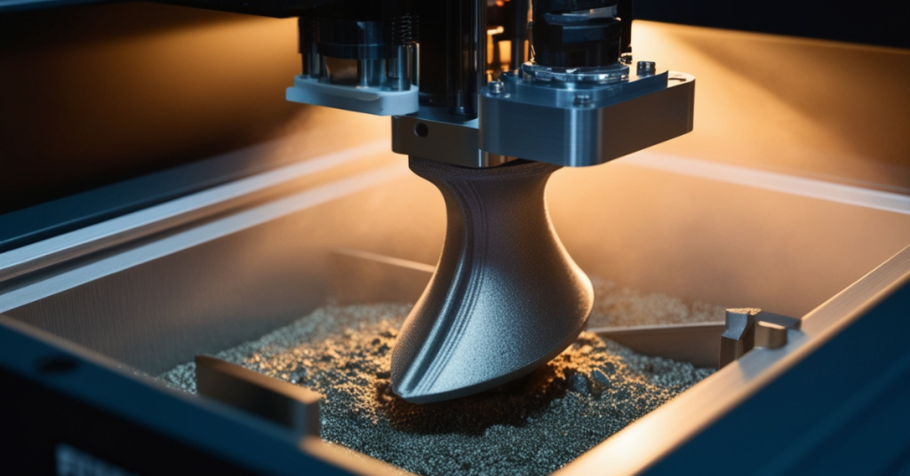 A titanium implant or turbine blade being printed with extreme detail inside a powder bed fusion 3D printer