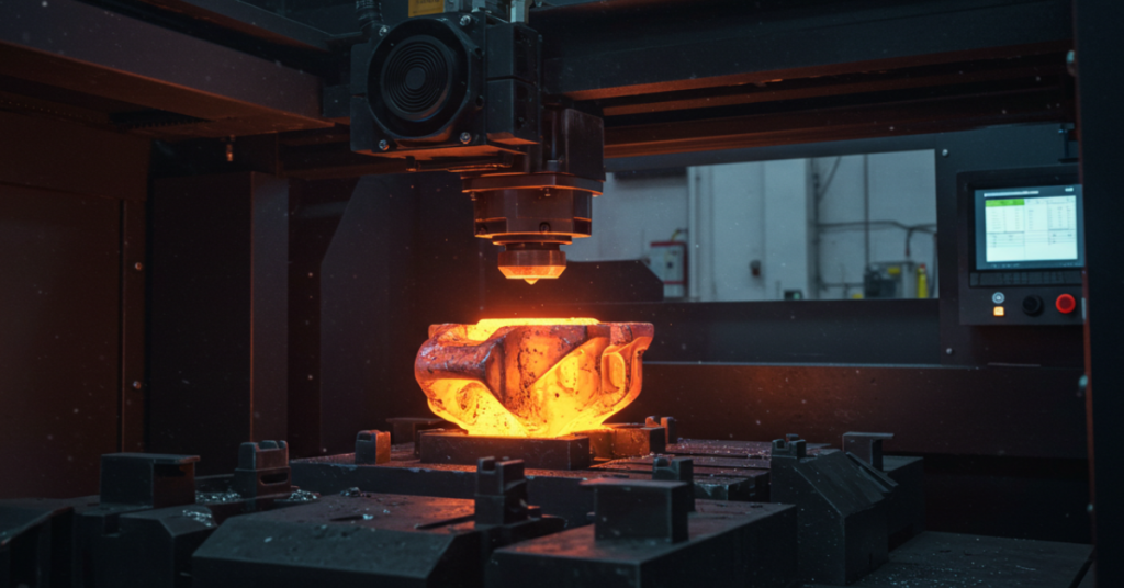 Close-up of a metal 3D printer in action, printing a glowing orange-hot metal part with visible heat and precision inside an industrial environment