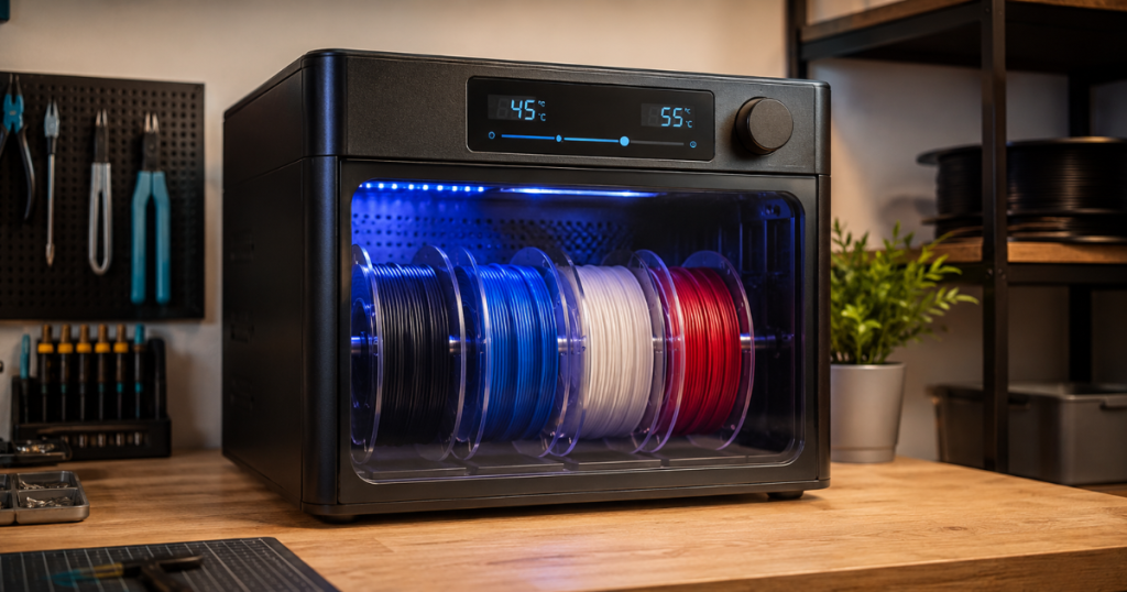 Enclosed filament dryer holding four colorful spools with adjustable temperature controls on its digital display.