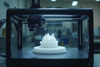 Enclosed 3D printer printing a white Nylon part inside a temperature-controlled chamber to reduce warping and improve print stability.