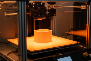 Enclosed 3D printer printing a nylon part on a heated bed with warm internal lighting to improve adhesion.