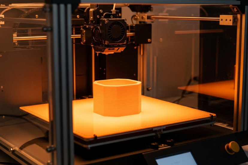 Enclosed 3D printer printing a nylon part on a heated bed with warm internal lighting to improve adhesion.