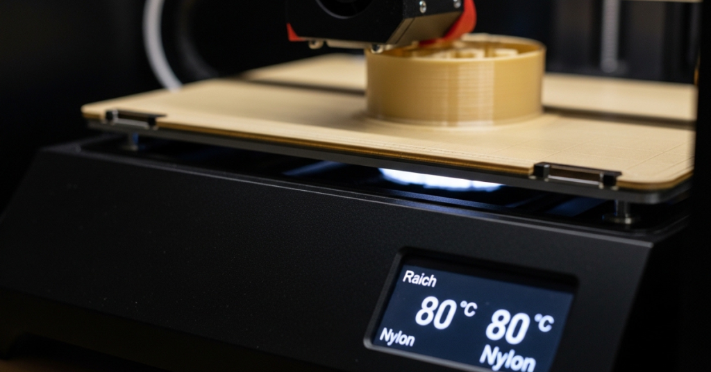 Close-up of a 3D printer screen showing high bed temperature settings for nylon filament adhesion.