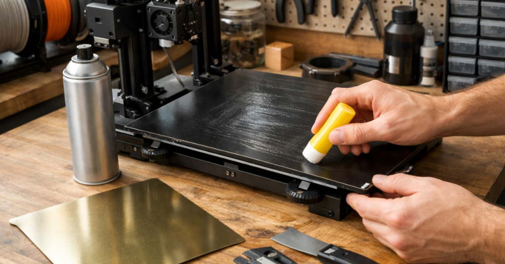 Hand applying glue stick to a 3D printer build plate to improve nylon adhesion before printing.