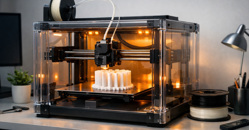 Fully enclosed 3D printer maintaining a stable warm environment for better nylon layer adhesion.