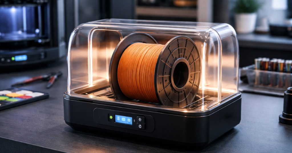 Filament dryer unit holding a spool to remove moisture and improve nylon print adhesion quality.