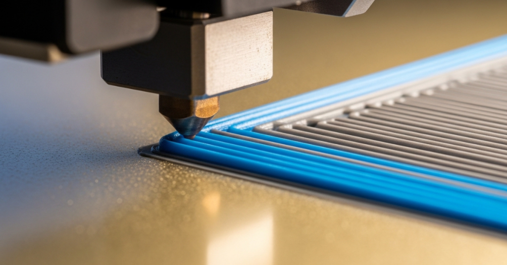 Close-up of a nozzle laying down the first layer of filament with smooth, even extrusion for strong adhesion.