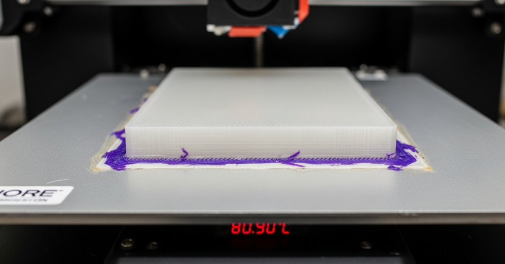 Nylon 3D print secured to a heated build plate with adhesive applied around the base to improve bed adhesion and reduce warping.
