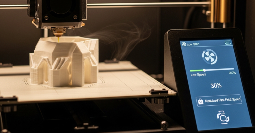 3D printer printing a Nylon part with reduced first layer speed settings displayed on the control screen to improve adhesion and minimize warping.