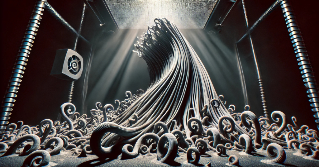 Conceptual illustration of severe Nylon warping inside a 3D printer, showing dramatic curling and deformation caused by uncontrolled heat and cooling.