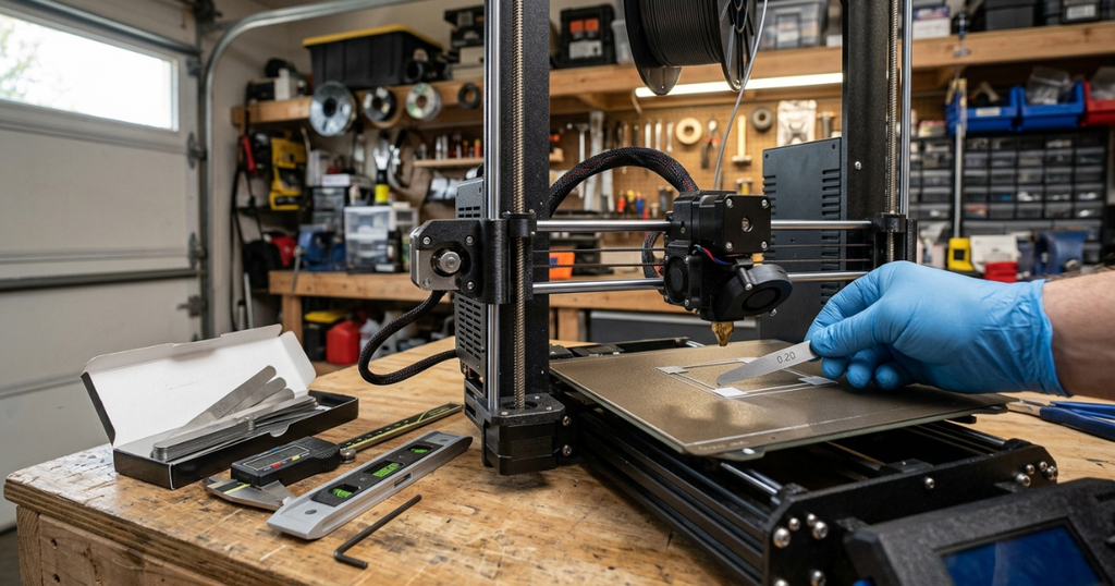 A gloved hand uses a feeler gauge to level a 3D printer build plate.