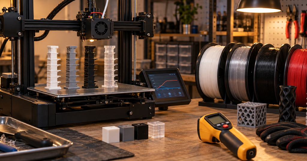 A 3D printer displays test towers beside multiple filament spools and a temperature scanner.