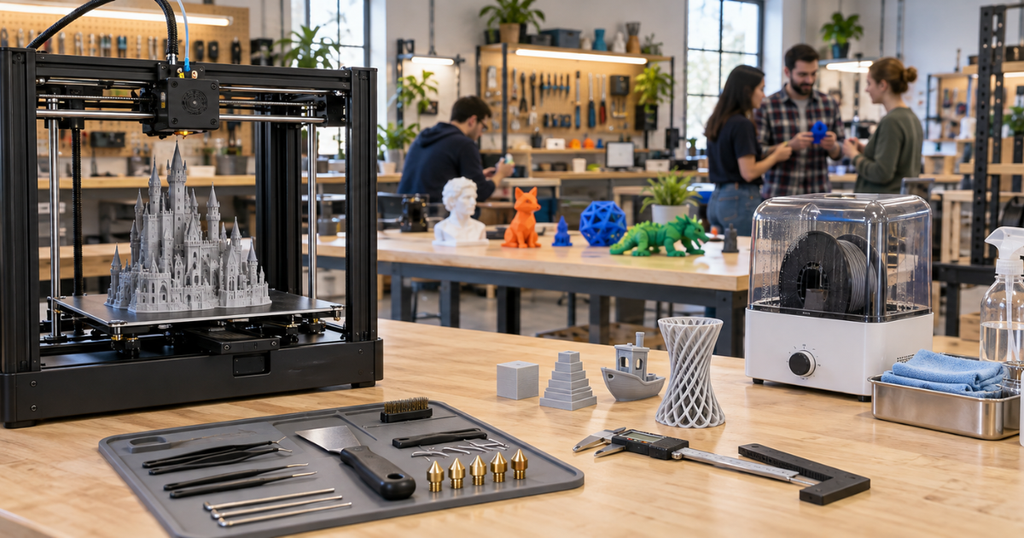 A well-equipped 3D printing workshop contains calibration tools, maintenance supplies, filament storage, and finished models.