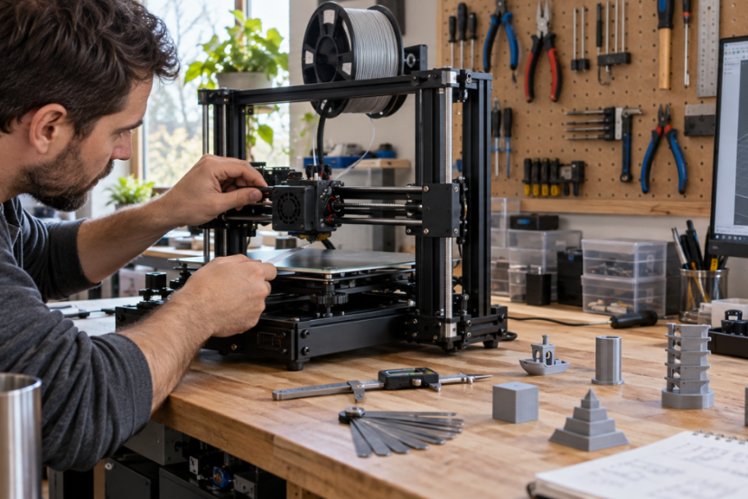 A maker adjusts a 3D printer while reviewing a digital model and calibration tools.