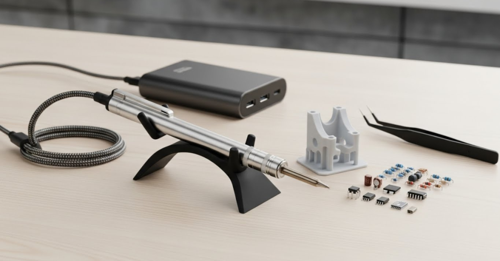 Portable soldering iron setup with electronic components and 3D printed parts for small electronics projects