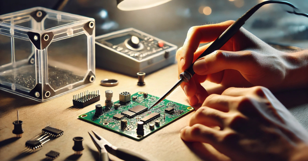 Precision soldering work on a printed circuit board for 3D printer electronics and DIY projects