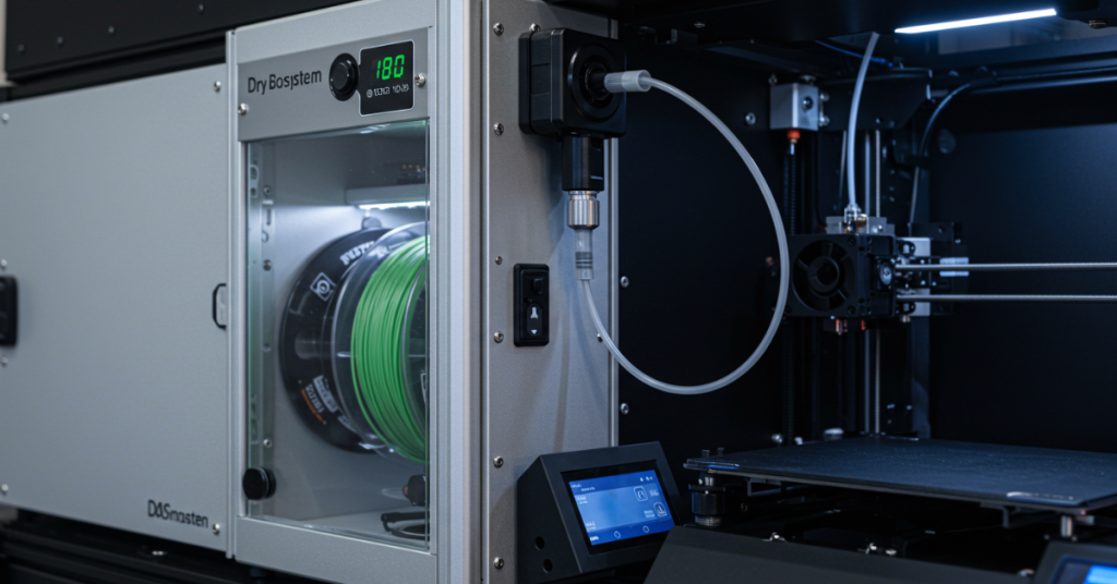 A professional-grade filament dry box system feeding filament directly into a 3D printer for continuous moisture-free printing.