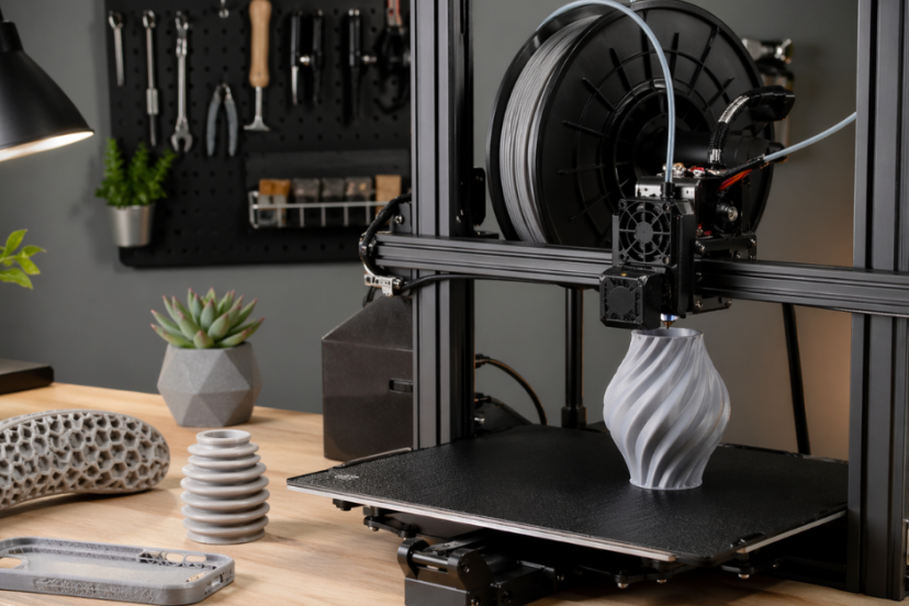 3D printer creating a smooth spiral vase showing controlled extrusion with minimal TPU stringing