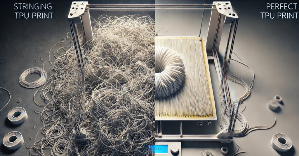 Side-by-side comparison of heavy TPU stringing versus a clean print after proper tuning adjustments