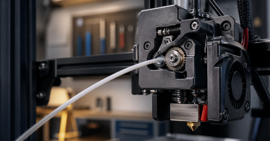 Close-up of extruder gears feeding flexible filament steadily to prevent TPU stringing issues