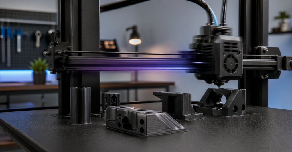 Print head moving quickly over multiple parts demonstrating how speed affects TPU stringing