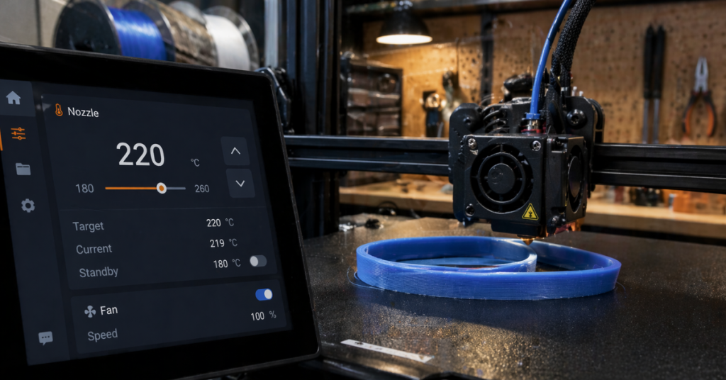 Printer interface displaying nozzle temperature settings used to fine-tune TPU stringing reduction