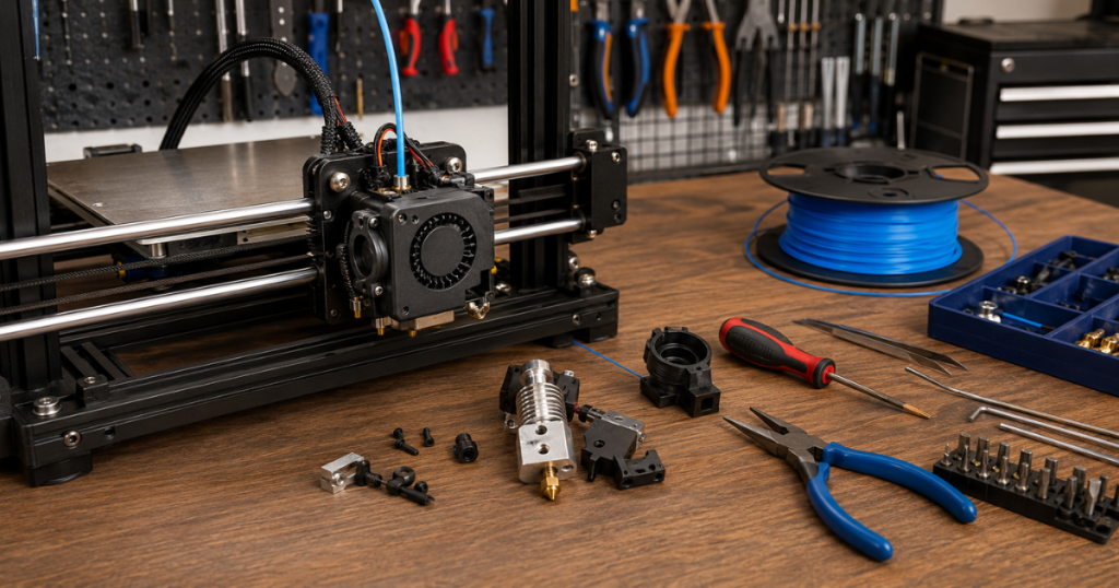 calibration cubes and test shapes displaying surface defects and stringing from incorrect retraction settings