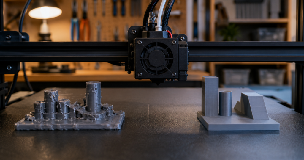 comparison of a failed messy print with blobs and stringing next to a smooth properly printed model