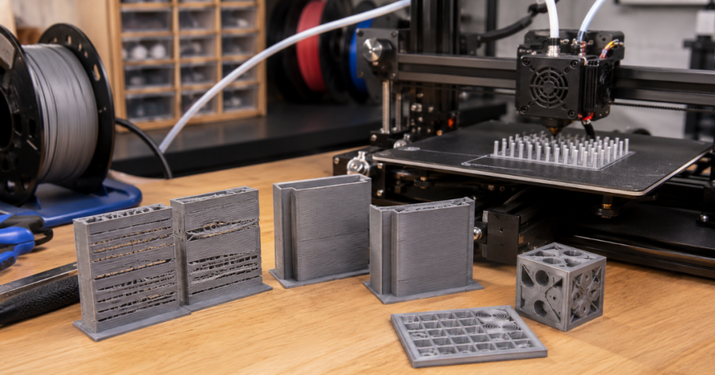 3d printed wall samples showing inconsistent layers and internal stringing caused by poor retraction tuning