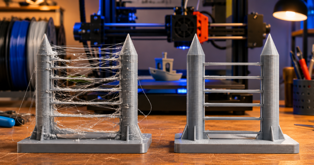 side by side 3d prints showing severe stringing versus clean results after adjusting retraction settings