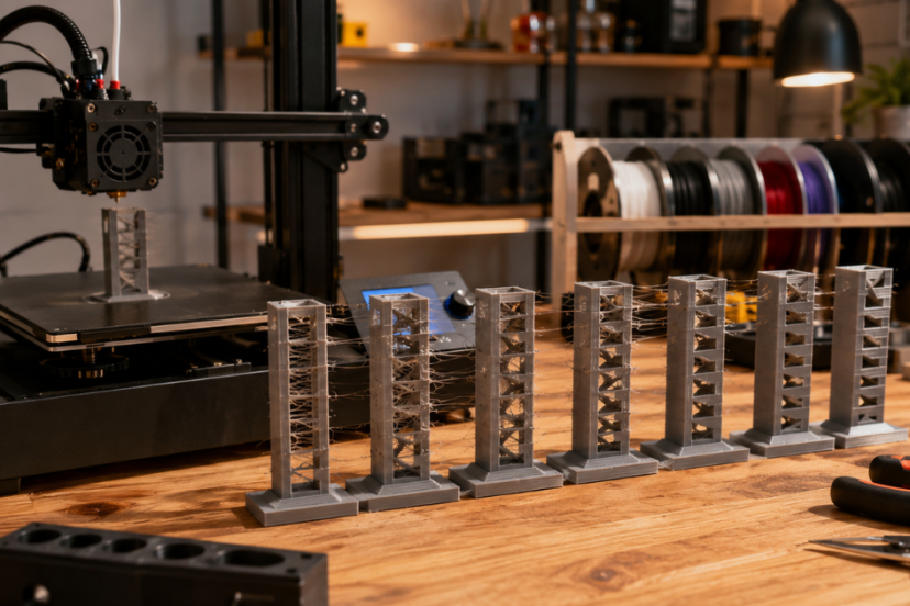 multiple 3d print test towers showing heavy stringing between parts during retraction testing on a printer bed