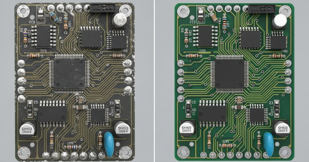 Comparison of poor solder joints versus clean soldering work on a printed circuit board for electronics projects