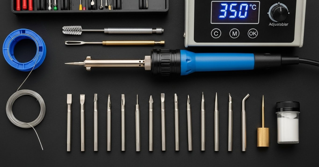 Soldering station accessories including interchangeable tips, solder wire, flux, and a temperature-controlled soldering iron