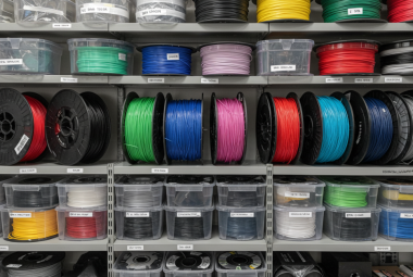 Shelves lined with neatly stored 3D printer filament spools in various colors, some sealed in airtight containers and vacuum bags for optimal storage.