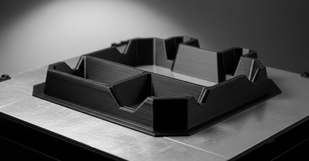 Completed Nylon 3D print with a flat base and clean edges firmly adhered to the build plate, showing no signs of warping or edge lift.