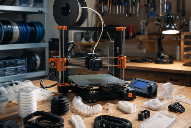 Desktop 3D printer surrounded by TPU prints and tools in a well-organized workshop setup.