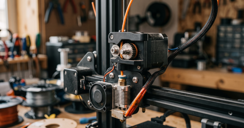 Close-up of a 3D printer extruder showing gears and filament path where TPU can clog.