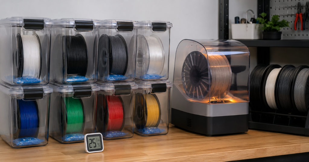 TPU filament stored in dry boxes with humidity control to reduce moisture-related clogging.