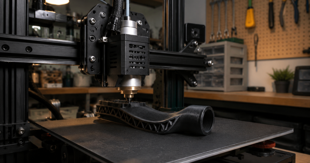 Wide view of a 3D printing workspace with printer, tools, and TPU parts arranged for efficient use.