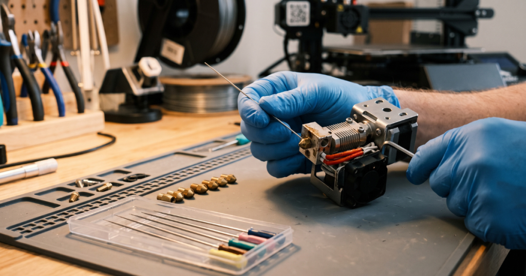 Hands using tools to clean a 3D printer nozzle and hotend to prevent TPU buildup.