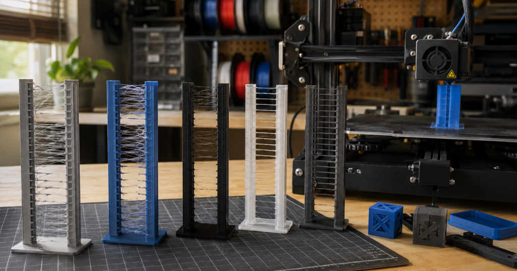 Multiple 3D printed test towers showing stringing issues caused by improper TPU settings.