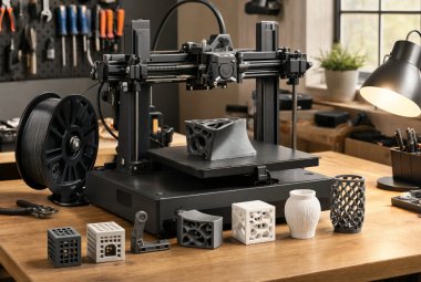 desktop 3d printer on workbench displaying multiple finished prints with tools and filament spool nearby