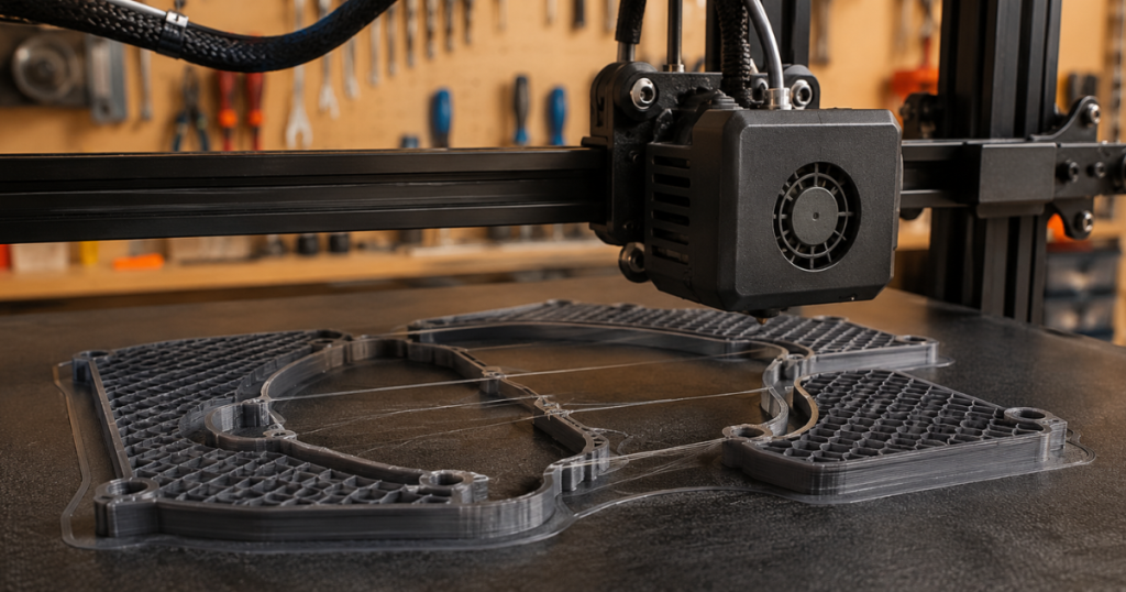 close up of 3d printer nozzle laying filament with visible stringing between printed sections
