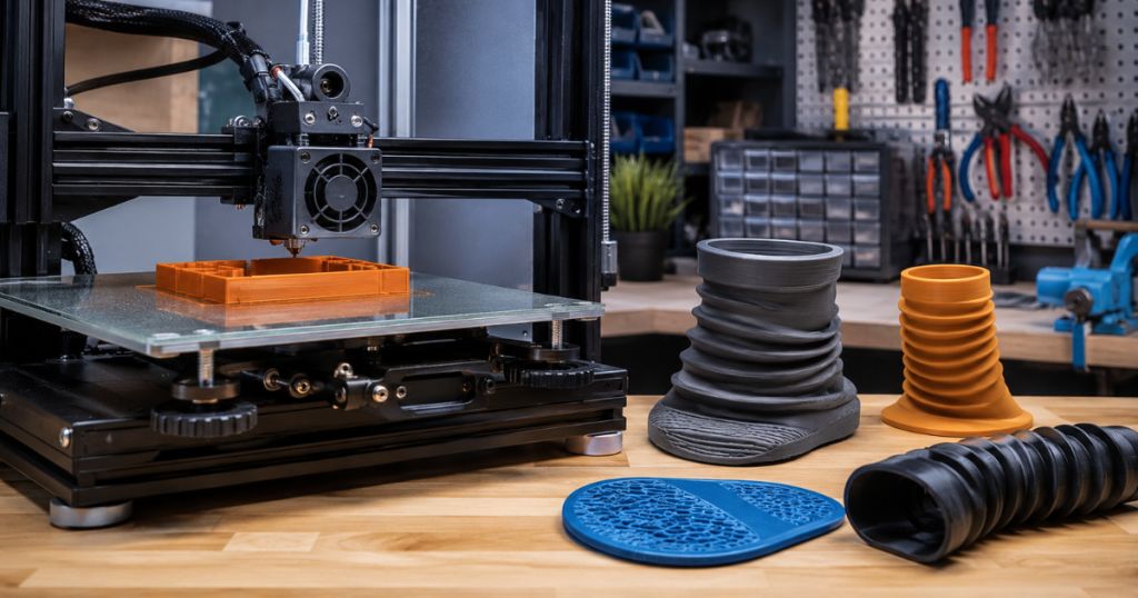 flexible 3d printed parts in different shapes demonstrating clean extrusion and reduced stringing