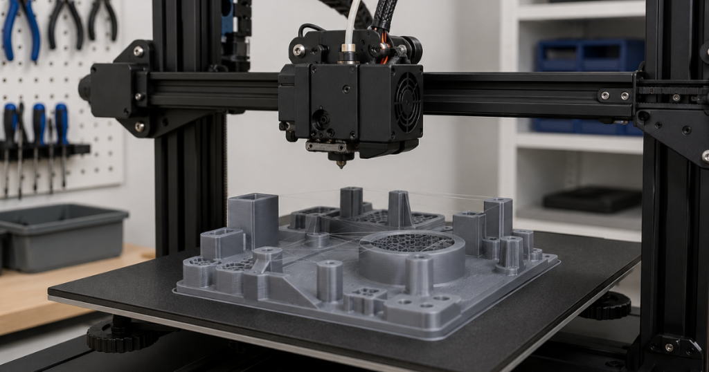 detailed 3d print with complex geometry and slight stringing visible between overhang sections