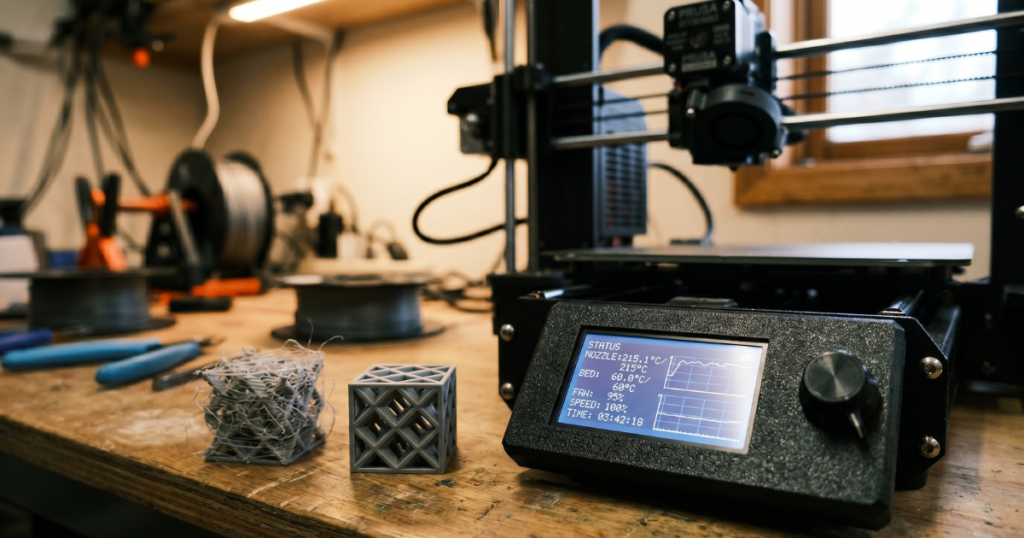 3d printer control screen showing temperature and print settings beside test cubes with stringing issues