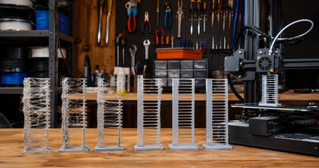 series of 3d printed retraction test towers showing heavy stringing gradually improving to clean results