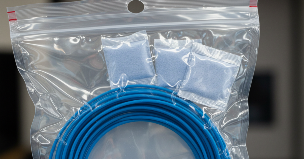 Close-up of a blue 3D printer filament coil stored in a vacuum-sealed bag with desiccant packs to keep moisture away.